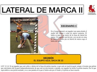 DECISIÓN
EL EQUIPO AZUL SACA DE 22
LEY 12.14: Si un jugador que está sobre o detrás de la línea de pelota muerta, o que es...
