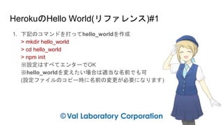 HerokuのHello World(リファレンス)#1
1. 下記のコマンドを打ってhello_worldを作成
> mkdir hello_world
> cd hello_world
> npm init
※設定はすべてエンターでOK
※hello_worldを変えたい場合は適当な名前でも可
(設定ファイルのコピー時に名前の変更が必要になります)
 