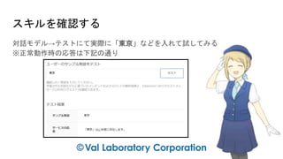 スキルを確認する
対話モデル→テストにて実際に「東京」などを入れて試してみる
※正常動作時の応答は下記の通り
 
