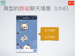 典型的群組聊天場景（LINE）
聊天
13
多⽅方發問
多⽅方回答
 