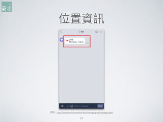 位置資訊
24
來來源：https://developers.line.me/en/docs/messaging-api/message-types/
 
