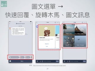 圖⽂文選單 →  
快速回覆、旋轉⽊木⾺馬、圖⽂文訊息
29
來來源：https://developers.line.me/en/docs/messaging-api/message-types/
 