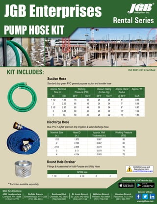 Rental Series
JGB Enterprises
NPSM size
1 1/2 2 2 1/2 3 4
Fittings & Accessories for Multi-Purpose and Utility Hose
Round Hole Strainer
PUMP HOSE KIT
Standard duty green PVC general purpose suction and transfer hose
Approx. Nominal
Size (in.)
Working
Pressure (PSI)
Vacuum Rating
(Inches Hg)
Approx. Bend
Radius
Approx. Wt.
ID OD 68°F 104°F 68°F 104°F @ 68°F lbs/ft.
1 1/2 1.83 70 50 28 24 5” 0.48
2 2.32 65 45 28 24 7” 0.66
2 1/2 2.87 65 45 28 24 8” 0.87
3 3.43 60 40 28 22 10” 1.24
4 4.5 50 35 28 22 15” 1.85
Suction Hose
Blue PVC “Layflat” premium drip irrigation & water discharge hose
Nominal Size
(in.)
Hose ID
(in.)
Approx. Wall
Thickness (in.)
Working Pressure
(PSI)
1 1/2 1.673 0.067 80
2 2.165 0.067 80
2 1/2 2.598 0.079 80
3 3.13 0.079 70
4 4.134 0.083 70
Discharge Hose
KIT INCLUDES:
** Each item available separately
!
WARNING: Cancer and
- Reproductive Harm
www.P65Warnings.ca.gov
®
JGB
®
Headquarters
Liverpool, NY 13088
(315) 451-2770
Buffalo Branch
Cheektowaga, NY 14225
(716) 684-8224
Southeast Hub
Charlotte, NC 28273
(704) 588-9920
St. Louis Branch
St. Louis, MO 63123
(314) 487-3144
Williston Branch
Williston, ND 58801
(701) 774-2195
Houston Branch
Pasadena, TX 77503
(281) 930-7777
Click for directions:
Download the JGB®
Mobile App
Connect with us:
www.jgbhose.com
ISO 9001:2015 Certified
 