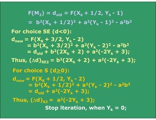 F(M2) = dold = F(Xk + 1/2, Yk - 1)
= b2(Xk + 1/2)2 + a2(Yk - 1)2 - a2b2
For choice SE (d<0):
dnew = F(XK + 3/2, Yk - 2)
= b2(Xk + 3/2)2 + a2(Yk - 2)2 - a2b2
= dold + b2(2Xk + 2) + a2(-2Yk + 3);
Thus, (d)SE2 = b2(2Xk + 2) + a2(-2Yk + 3);
For choice S (d>0):
dnew = F(XK + 1/2, Yk - 2)
= b2(Xk + 1/2)2 + a2(Yk - 2)2 - a2b2
= dold + a2(-2Yk + 3);
Thus, (d)S2 = a2(-2Yk + 3);
Stop iteration, when Yk = 0;

 