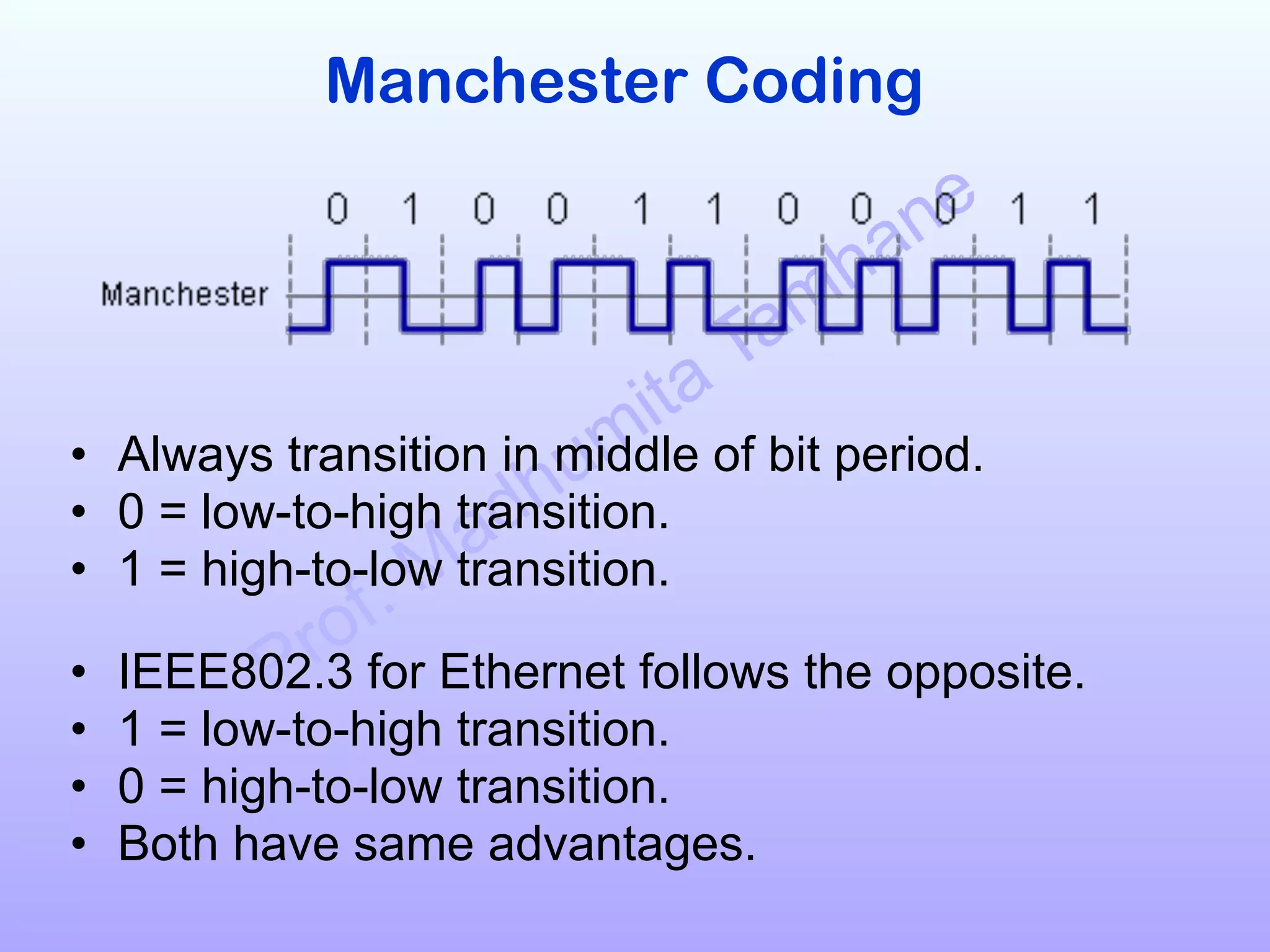 Prof. Madhumita Tamhane
Manchester Coding
!
!
!
!
!
• Always transition in middle of bit period.
• 0 = low-to-high transition.
• 1 = high-to-low transition. 
• IEEE802.3 for Ethernet follows the opposite.
• 1 = low-to-high transition.
• 0 = high-to-low transition.
• Both have same advantages.
 