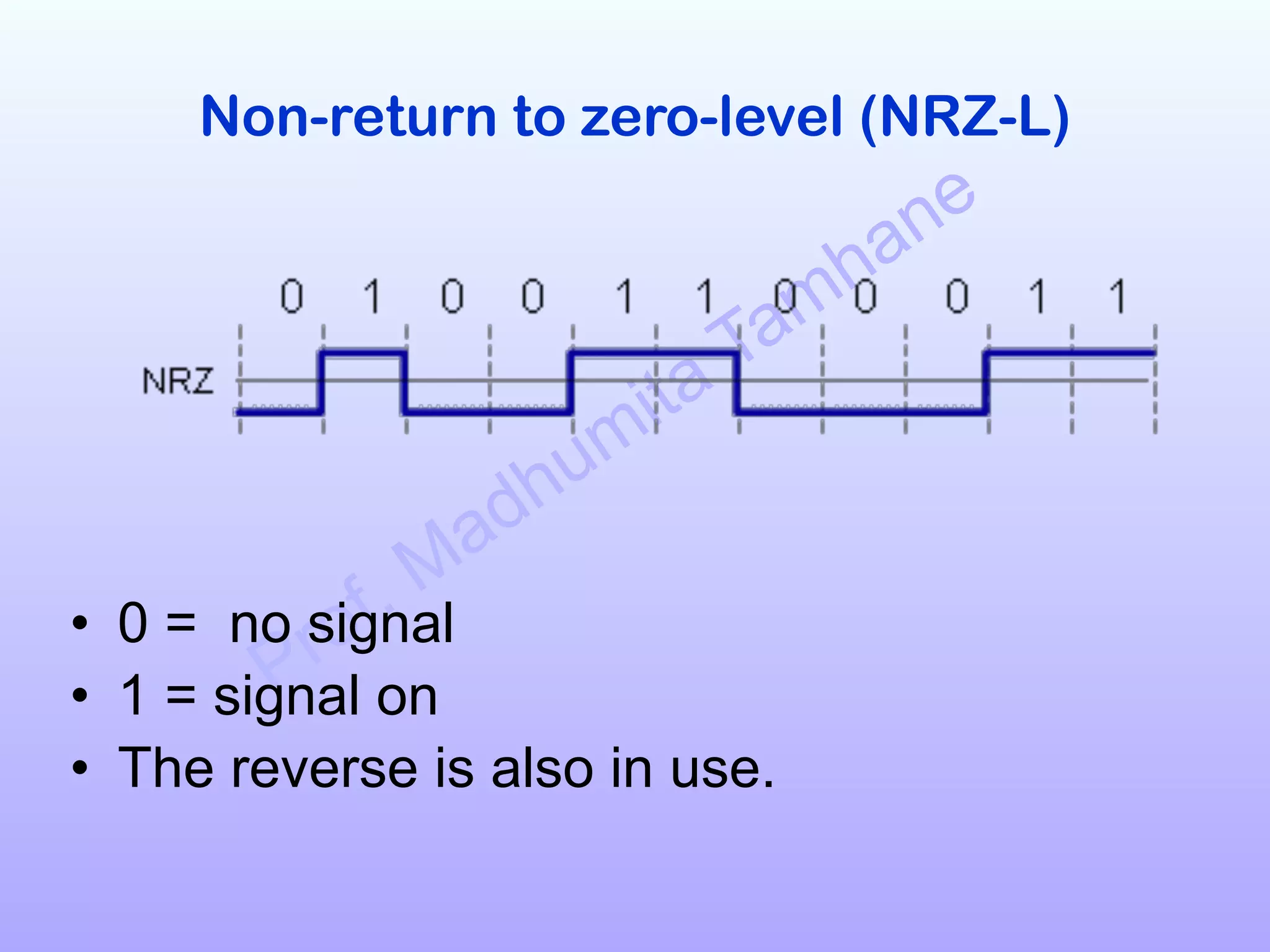 Prof. Madhumita Tamhane
Non-return to zero-level (NRZ-L)
!
!
!
!
!
• 0 = no signal
• 1 = signal on
• The reverse is also in use. 
 