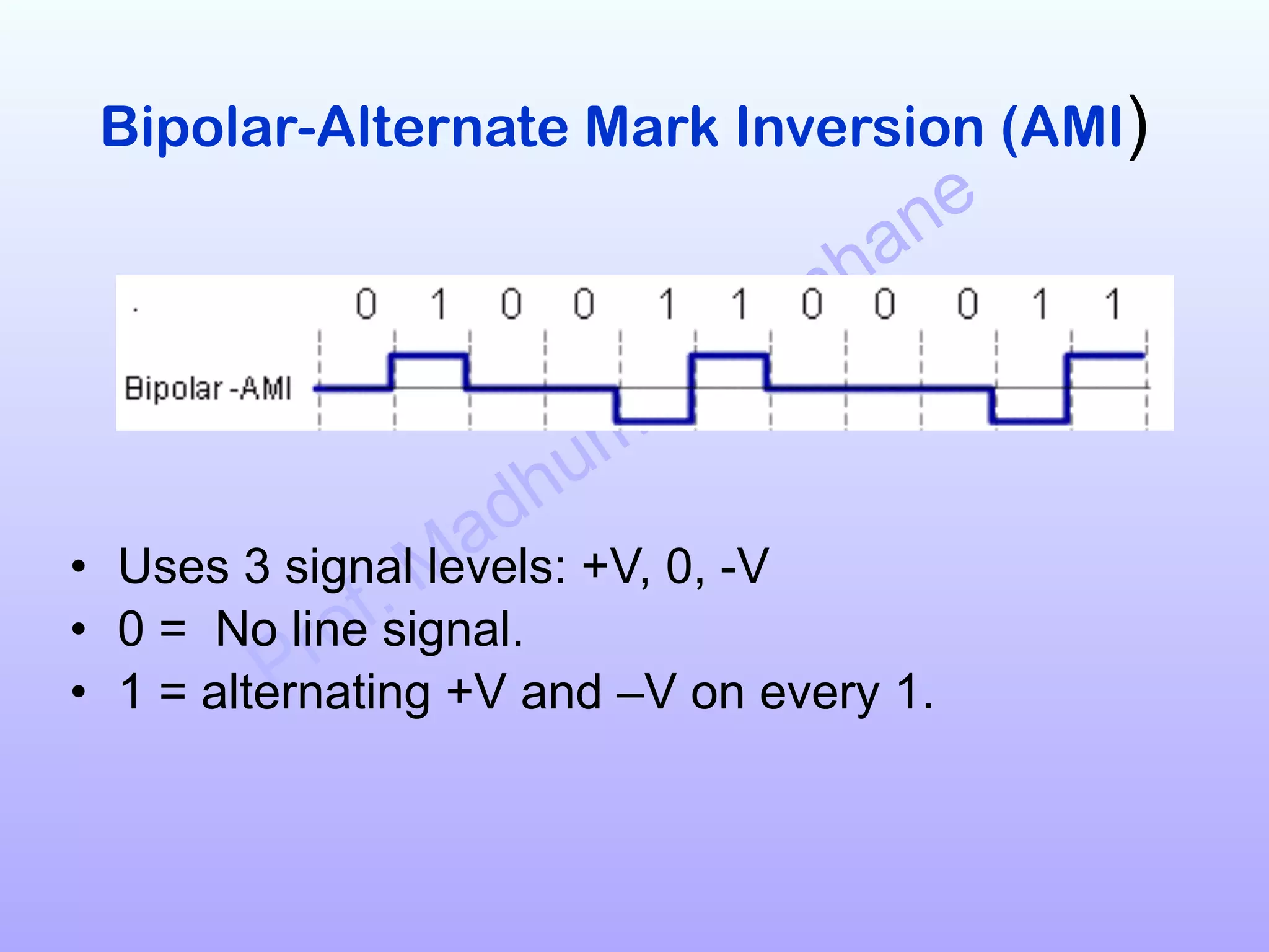 Prof. Madhumita Tamhane
Bipolar-Alternate Mark Inversion (AMI)
!
!
!
!
!
• Uses 3 signal levels: +V, 0, -V
• 0 = No line signal.
• 1 = alternating +V and –V on every 1.
!
 