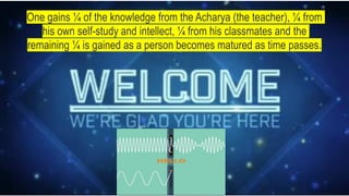 One gains ¼ of the knowledge from the Acharya (the teacher), ¼ from
his own self-study and intellect, ¼ from his classmates and the
remaining ¼ is gained as a person becomes matured as time passes.
 