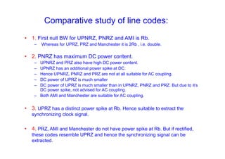Comparative study of line codes:
• 1. First null BW for UPNRZ, PNRZ and AMI is Rb.
– Whereas for UPRZ, PRZ and Manchester it is 2Rb , i.e. double.
• 2. PNRZ has maximum DC power content.
– UPNRZ and PRZ also have high DC power content.
– UPNRZ has an additional power spike at DC.
– Hence UPNRZ, PNRZ and PRZ are not at all suitable for AC coupling.
– DC power of UPRZ is much smaller
– DC power of UPRZ is much smaller than in UPNRZ, PNRZ and PRZ. But due to it’s
DC power spike, not advised for AC coupling.
– Both AMI and Manchester are suitable for AC coupling.
• 3. UPRZ has a distinct power spike at Rb. Hence suitable to extract the
synchronizing clock signal.
• 4. PRZ, AMI and Manchester do not have power spike at Rb. But if rectified,
these codes resemble UPRZ and hence the synchronizing signal can be
extracted.
 