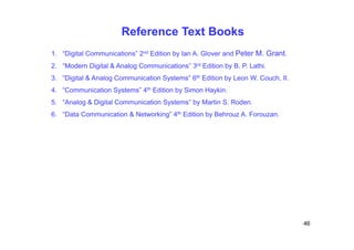 Reference Text Books
1. “Digital Communications” 2nd Edition by Ian A. Glover and Peter M. Grant.
2. “Modern Digital & Analog Communications” 3rd Edition by B. P. Lathi.
3. “Digital & Analog Communication Systems” 6th Edition by Leon W. Couch, II.
4. “Communication Systems” 4th Edition by Simon Haykin.
5. “Analog & Digital Communication Systems” by Martin S. Roden.
6. “Data Communication & Networking” 4th Edition by Behrouz A. Forouzan.
46
 