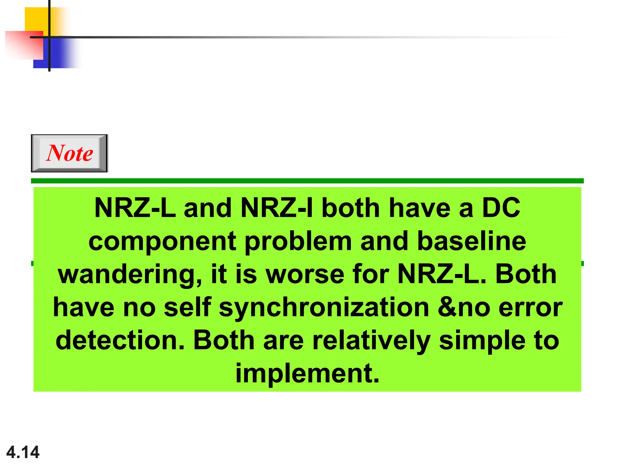 4.14
NRZ-L and NRZ-I both have a DC
component problem and baseline
wandering, it is worse for NRZ-L. Both
have no self synchronization &no error
detection. Both are relatively simple to
implement.
Note
 