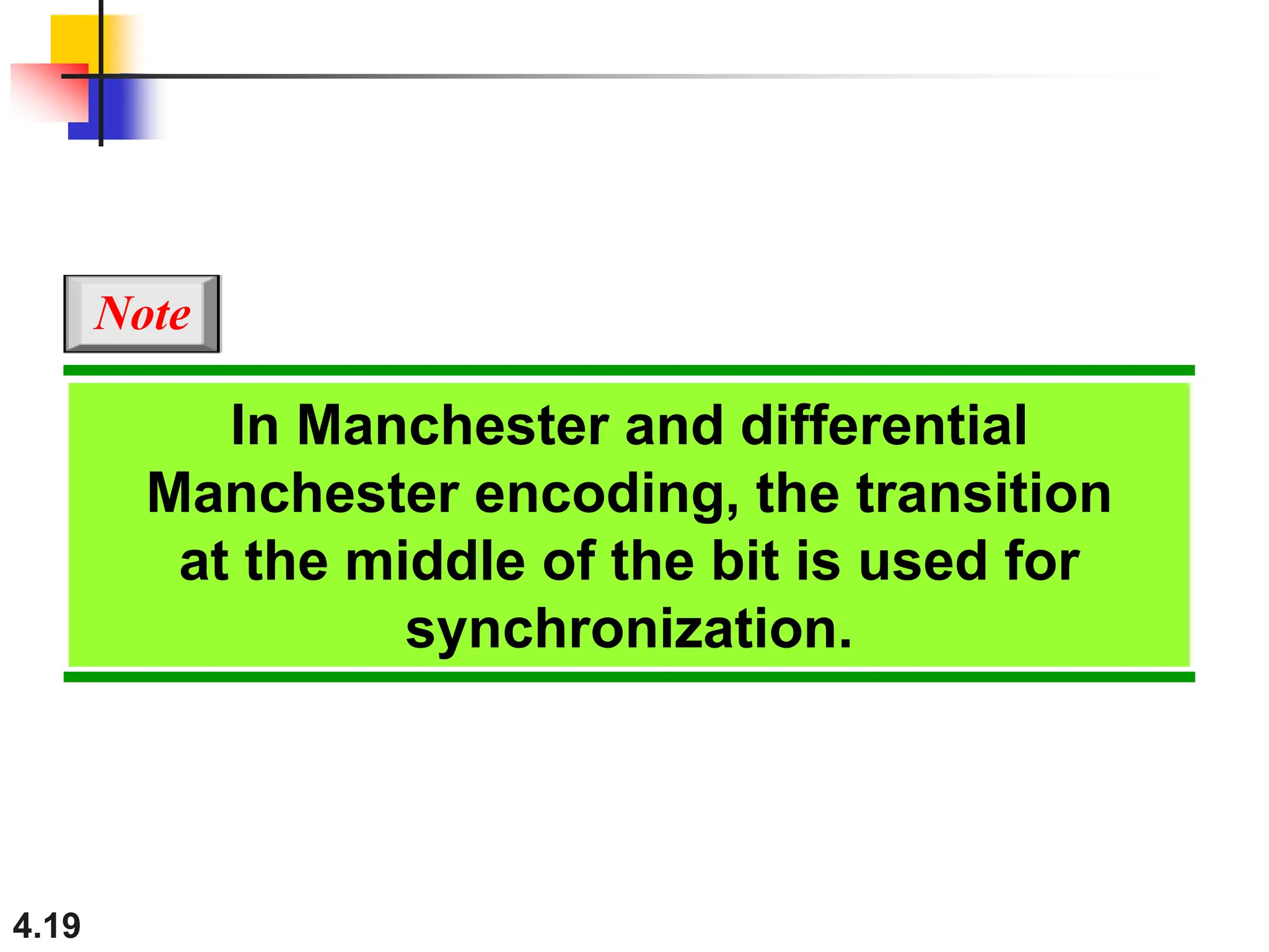 4.19
In Manchester and differential
Manchester encoding, the transition
at the middle of the bit is used for
synchronization.
Note
 