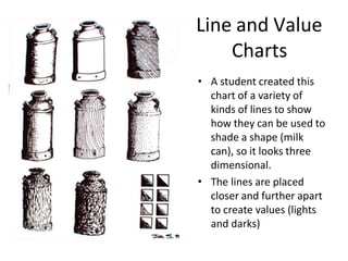 Line and Value
Charts
•
• A student created this
chart of a variety of
kinds of lines to show
how they can be used to
shade a shape (milk
can), so it looks three
dimensional.
The lines are placed
closer and further apart
to create values (lights
and darks)
 