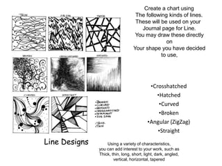 •Crosshatched
•Hatched
•Curved
•Broken
•Angular (ZigZag)
•Straight
Using a variety of characteristics,
you can add interest to your work, such as
Thick, thin, long, short, light, dark, angled,
vertical, horizontal, tapered
Create a chart using
The following kinds of lines.
These will be used on your
Journal page for Line.
You may draw these directly
on
Your shape you have decided
to use,
 