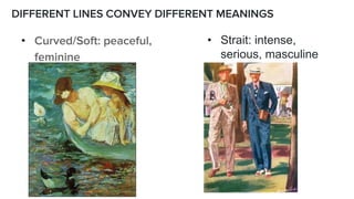 DIFFERENT LINES CONVEY DIFFERENT MEANINGS
• Curved/Soft: peaceful,
feminine
• Strait: intense,
serious, masculine
 