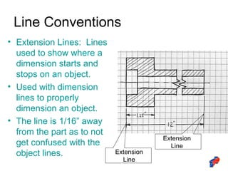 Line Conventions
Extension
Line
Extension
Line
• Extension Lines: Lines
used to show where a
dimension starts and
stops on an object.
• Used with dimension
lines to properly
dimension an object.
• The line is 1/16” away
from the part as to not
get confused with the
object lines.
 