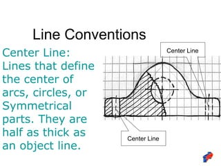 Line Conventions
Center Line:
Lines that define
the center of
arcs, circles, or
Symmetrical
parts. They are
half as thick as
an object line.
Center Line
Center Line
 