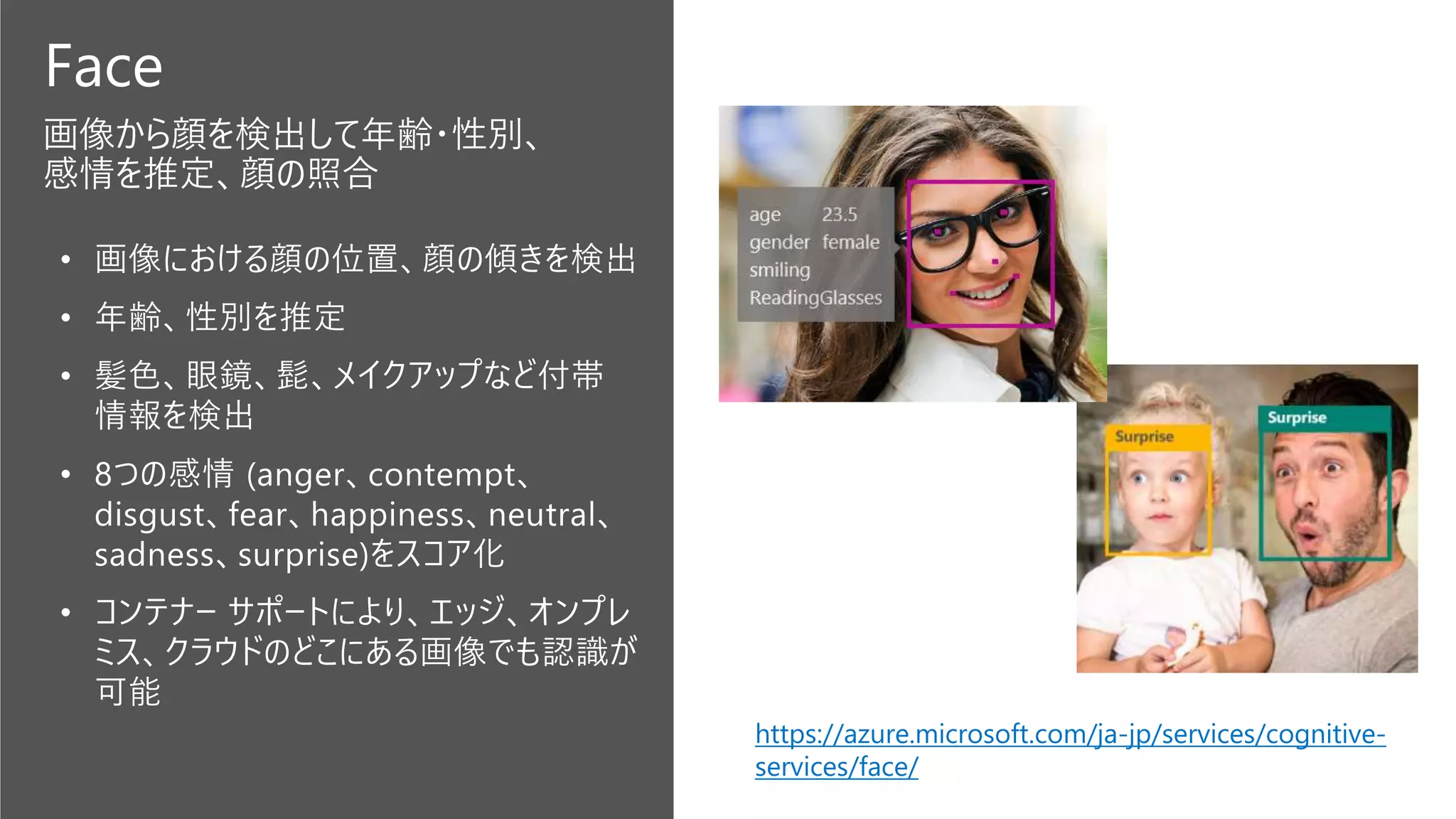 Face
画像から顔を検出して年齢・性別、
感情を推定、顔の照合
https://azure.microsoft.com/ja-jp/services/cognitive-
services/face/
 