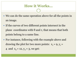 How it Works…
 We can do the same operation above for all the points in
an image.
 If the curves of two different points intersect in the
plane coordinates with θ and r, that means that both
points belong to a same line.
 For instance, following with the example above and
drawing the plot for two more points: x1 = 9, y1 =
4 and x2 = 12, y2 = 3, we get:
 