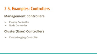 2.3. Examples: Controllers
Management Controllers
➢ Cluster Controller
➢ Node Controller
Cluster(User) Controllers
➢ ClusterLogging Controller
 