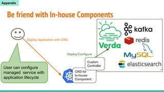 Be friend with In-house Components
Deploy/Configure
Deploy Application with CRD
CRD for
In-house
Component
Custom
Controller
User can configure
managed service with
application lifecycle
Appendix
 