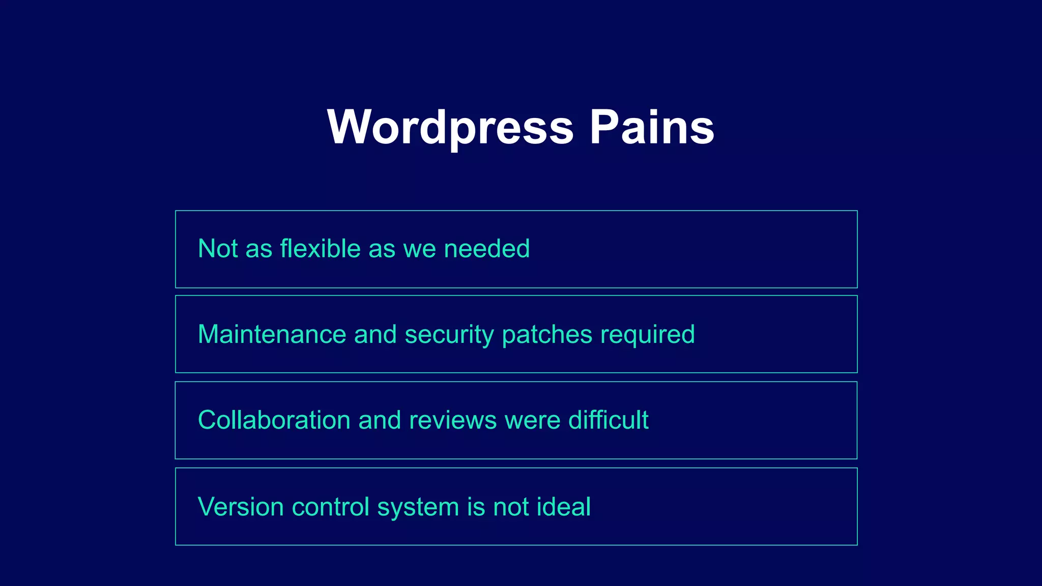 Not as flexible as we needed
Wordpress Pains
Maintenance and security patches required
Collaboration and reviews were difficult
Version control system is not ideal
 