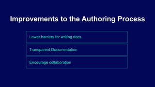 Lower barriers for writing docs
Improvements to the Authoring Process
Transparent Documentation
Encourage collaboration
 
