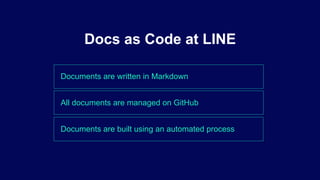 Documents are written in Markdown
Docs as Code at LINE
All documents are managed on GitHub
Documents are built using an automated process
 