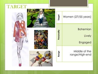 TARGET
Target
Women (27/55 years)
Personality
Bohemian
Lively
Engaged
Range
Middle of the
range/High-end
 