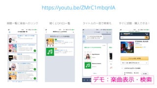 https://youtu.be/ZMrC1mbqnlA
視聴一覧に楽曲へのリンク 開くとOP/ED一覧 タイトルの一部で検索も すぐに試聴・購入できる！
デモ：楽曲表示・検索
 