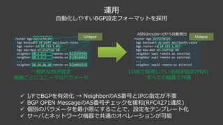 運⽤
⾃動化しやすいBGP設定フォーマットを採⽤
router bgp 4215270229
bgp bestpath as-path multipath-relax
bgp router-id 10.233.1.85
bgp max-med on-startup 60
neighbor 10.1.1.1 remote-as 4212364501
neighbor 10.2.2.2 remote-as 4210184442
...
neighbor 10.20.20.20 remote-as 4210966516
router bgp 4215270229
bgp bestpath as-path multipath-relax
bgp router-id 10.233.1.85
bgp max-med on-startup 60
neighbor swp1 remote-as external
neighbor swp2 remote-as external
...
neighbor swp32 remote-as external
⼀般的なBGP設定
機器ごとにユニークなパラメータ
Unique Unique
ü I/FでBGPを有効化 → NeighborのAS番号とIPの指定が不要
ü BGP OPEN MessageのAS番号チェックを緩和(RFC4271違反)
ü 個別のパラメータを最⼩限にすることで、設定をテンプレート化
ü サーバとネットワーク機器で共通のオペレーションが可能
LINEで採⽤しているBGP設定(FRR)
すべての機器で共通
ASNはrouter-idから⾃動算出
 