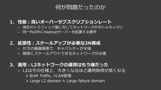 何が問題だったのか
1. 性能：⾼いオーバーサブスクリプションレート
– 現在のトラフィック量に対してネットワークがボトルネックに
– 同⼀PoD内にHadoopサーバーを配置する要件
2. 拡張性：スケールアップが必要な2N構成
– ⽚⽅の機器障害で、キャパシティが半減
– 簡単にスケールアウトできるネットワークが必要
3. 運⽤：L2ネットワークの運⽤はもう嫌だった
– L2はその仕様上、⼤きくなるほど運⽤負荷が⾼くなる
Ø BUM Traffic, VLAN管理
Ø Large L2 domain ≒ Large failure domain
 