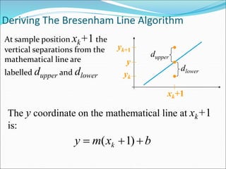 The y coordinate on the mathematical line at xk+1
is:
Deriving The Bresenham Line Algorithm
At sample position xk+1 the
vertical separations from the
mathematical line are
labelled dupper and dlower
b
x
m
y k 

 )
1
(
y
yk
yk+1
xk+1
dlower
dupper
 