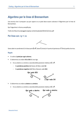 Coding - Algoritmo per le linee di Brensenham 1
Alessandra Peroni
Algoritmo per le linee di Brensenham
Una tecnica che il computer usa per sapere se un pixel deve essere colorato è l’Algoritmo per le linee di
Brensenham.
Qui l’algoritmo in forma semplificata.
Tratto da http://csunplugged.org/wp-content/uploads/2014/12/Lines.pdf
Per linee con ∆y < ∆x
Siano date le coordinate X,Y di due punti I e F, dove I (inizio) è il punto di partenza e F (fine) quello di arrivo.
Regole
 Si colora 1 pixel per ogni colonna.
 Si determina se andare SU o GIU di una riga:
 Si va a destra o a sinistra a seconda della posizione relativa di I e F.
 Se pendenza positiva (dal basso all’alto), vado SU
 Se pendenza negativa (dall’alto al basso), vado GIU
 Si determina se andare a destra o a sinistra:
 Si va a destra o a sinistra a seconda della posizione relativa di I e F.
 
