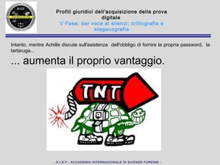 - A.I.S.F.- ACCADEMIA INTERNAZIONALE DI SCIENZE FORENSI -
Profili giuridici dell'acquisizione della prova digitale
VI Fase: La relazione
In premessa devono essere indicate tutte le attività svolte dal ricevimento del pacco
fino all'acquisizione dell'immagine dei supporti. E' possibile, ma non necessario,
documentare mediante una videocamera la fase dell'acquisizione. In alternativa è
possibile effettuare l'operazione innanzi ad un teste qualificato. In tal caso ne deve
essere fatta menzione in relazione. Qualsiasi anomalia deve essere documentata e
messa a verbale.
In questa fase si deve offrire uno “spaccato” del sistema analizzato e tutti quegli
elementi di natura tecnica che possono rivelarsi utili in sede di analisi.
Occorre individuare ed indicare programmi, file, cartelle riportando data di
creazione, data di modifica e data di ultimo accesso.
E' necessario evidenziare ogni anomalia che si riscontri, soprattutto eventuali
accessi al disco o ai dati SUCCESSIVI alla data del sequestro.
Infine la relazione andrebbe conclusa con un paragrafo riepilogativo in cui si
riepiloga quanto individuato e si traggono delle conclusioni.
 