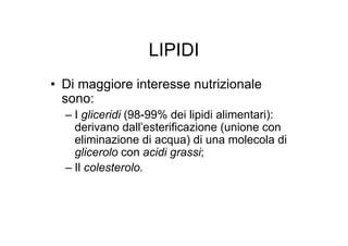 LIPIDI
• Di maggiore interesse nutrizionale
  sono:
  – I gliceridi (98-99% dei lipidi alimentari):
    derivano dall’esterificazione (unione con
    eliminazione di acqua) di una molecola di
    glicerolo con acidi grassi;
  – Il colesterolo.
 