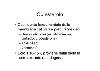 Colesterolo
• Costituente fondamentale delle
  membrane cellulari e precursore degli:
  – Ormoni steroidei (es: aldosterone,
    cortisolo, progesterone);
  – Acidi biliari;
  – Vitamina D.
• Solo il 10-15% proviene dalla dieta la
  parte restante è endogena.
 