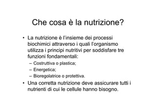 Che cosa è la nutrizione?
• La nutrizione è l’insieme dei processi
  biochimici attraverso i quali l’organismo
  utilizza i principi nutritivi per soddisfare tre
  funzioni fondamentali:
   – Costruttiva o plastica;
   – Energetica;
   – Bioregolatrice o protettiva.
• Una corretta nutrizione deve assicurare tutti i
  nutrienti di cui le cellule hanno bisogno.
 