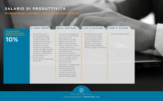 SALARIO DI PRODUTTIVITÀ
INCREMENTARE il SALARIO per RECUPERARE PRODUTTIVITÀ
P I A N O N A Z I O N A L E I N D U S T R I A 4 . 0
A C O S A S E R V E
•	 Favorire l’incremento
	 di produttività spostando
	 la contrattazione a livello
	 aziendale e introducendo
	 scambi positivi tra aumenti
	 di efficienza e incrementi
	 salariali per i lavoratori.
•	 Promuovere l’integrazione
	 sussidiaria del welfare aziendale
	 alle forme di welfare pubblico
	 (previdenza complementare,
	 sanità integrativa, ecc.).
•	 Favorire le forme
	 di partecipazione organizzativa
	 dei lavoratori.
Q UA L I VA N TAG G I
•	 Tassazione di vantaggio flat
	 al 10% per i premi salariali
	 legati ad aumenti
	 di produttività aziendale.
	 Il limite del premio cui
	 applicare la detassazione
	 è pari a 3.000 euro e arriva
	 a 4.000 nel caso in cui
	 il coinvolgimento dei lavoratori
	nell’organizzazione
	 del lavoro sia paritetico.
	 È possibile sostituire il premio,
	 in tutto o in parte, con beni
	 e servizi di utilità sociale.
•	 È agevolato anche
	 il ricorso a servizi
	 di previdenza complementare,
	 all’assistenza sanitaria,
	 ad assicurazioni contro
	 la non-autosufficienza,
	 a servizi educativi e alla
	 partecipazione azionaria
	 da parte dei dipendenti.
A C H I S I R I VO LG E
•	 Addetti del settore privato
	 che nell’anno precedente
	 abbiano avuto un reddito
	 di lavoro dipendente non
	 superiore a 80.000 euro.
•	 Aziende con incrementi
	 di produttività, redditività,
	 efficienza, qualità e innovazione.
	
CO M E S I ACC E D E
•	 Tramite contratti aziendali.
 