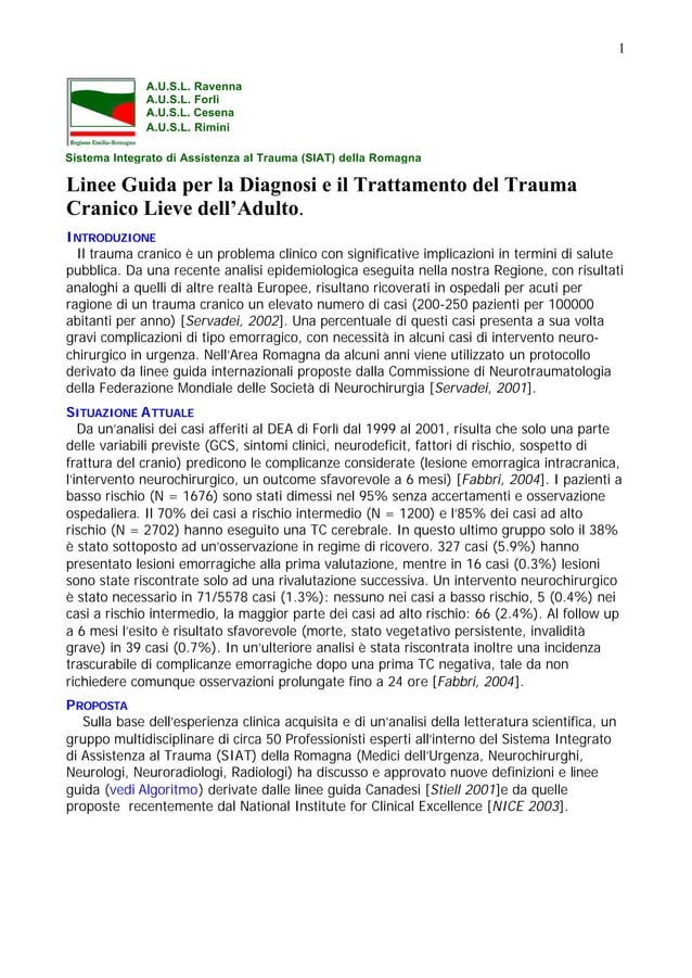 Linee guida per la diagnosi e il trattamento del trauma cranico lieve ...