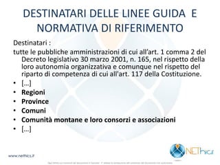 DESTINATARI DELLE LINEE GUIDA E NORMATIVA DI RIFERIMENTO 
Destinatari : 
tutte le pubbliche amministrazioni di cui all’art. 1 comma 2 del Decreto legislativo 30 marzo 2001, n. 165, nel rispetto della loro autonomia organizzativa e comunque nel rispetto del riparto di competenza di cui all'art. 117 della Costituzione. 
•[…] 
•Regioni 
•Province 
•Comuni 
•Comunità montane e loro consorzi e associazioni 
•[…] 
www.nethics.it 
Ogni diritto sui contenuti del documento è riservato - E' vietata la riproduzione del contenuto del documento non autorizzata  