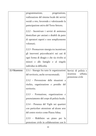 programmazione, progettazione, realizzazione del sistema locale dei servizi sociali a rete, favorendo e valorizzando la partecipazione attiva del Terzo Settore; 
2.2.2 - Incentivare i servizi di assistenza domiciliare per anziani e disabili da parte di operatori esperti e non semplicemente volontari; 
2.2.3 - Promuovere sinergia tra incentivare gli interventi psico-educativi nei casi di ogni forma di disagio e che sia rivolto ai minori e alle famiglie e al singolo individuo in difficoltà; 
2.3 Sicurezza 
2.3.1 - Sinergie fra tutte le organizzazioni del territorio, anche sovracomunali; 
2.3.2 - Prevenzione delle situazioni a rischio, organizzazione e presidio del territorio; 
2.3.3 - Formazione, organizzazione e potenziamento del corpo di polizia locale; 
2.3.4 - Presenza del Vigile nei quartieri con particolare attenzione ad alcune aree del centro storico come Piazza Adua; 
2.3.5 - Ridefinire un piano per la protezione civile in collaborazione con le 
Servizi di polizia e sicurezza urbana; protezione civile 
23 
 