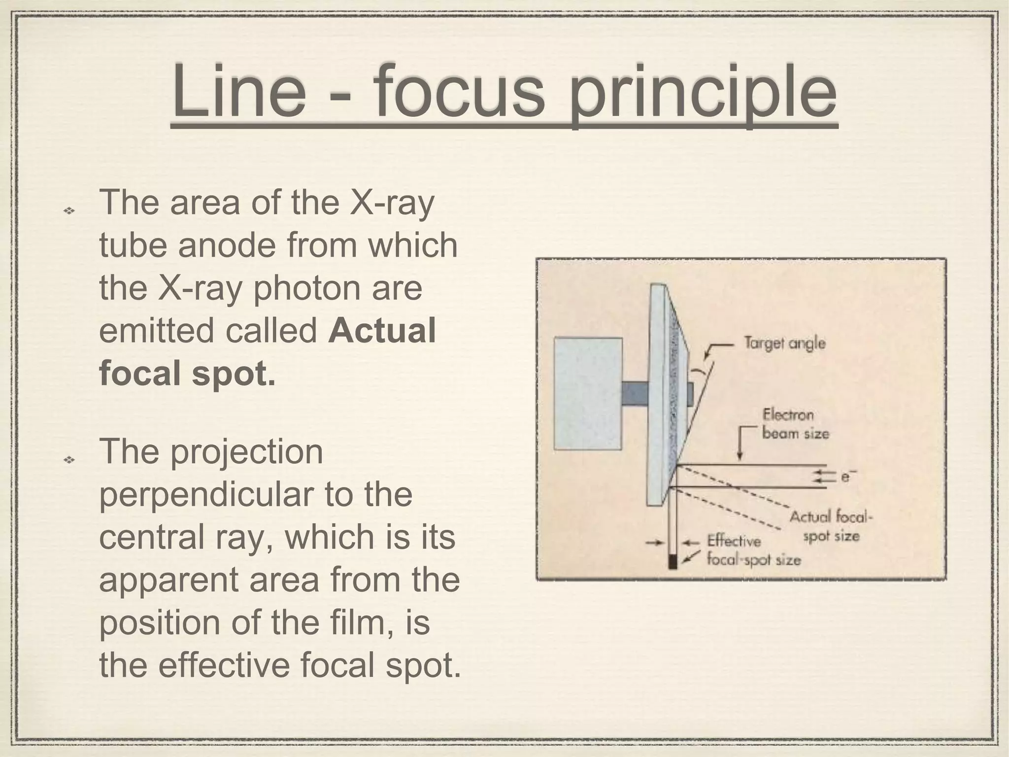 Line - focus principle
The area of the X-ray
tube anode from which
the X-ray photon are
emitted called Actual
focal spot.
The projection
perpendicular to the
central ray, which is its
apparent area from the
position of the film, is
the effective focal spot.
 