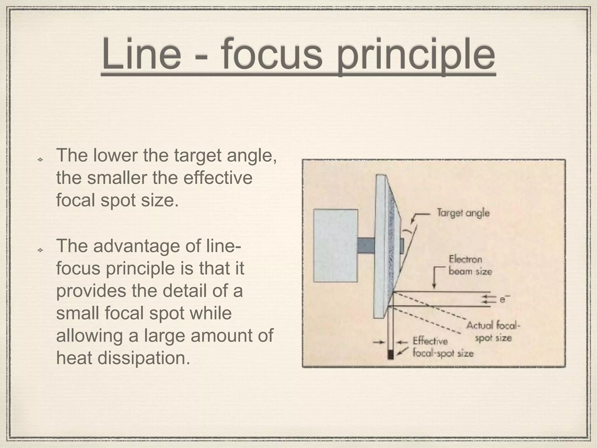 Line - focus principle
The lower the target angle,
the smaller the effective
focal spot size.
The advantage of line-
focus principle is that it
provides the detail of a
small focal spot while
allowing a large amount of
heat dissipation.
 