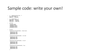 Sample code: write your own!
• /*------ Arduino Line Follower Code----- */
/*-------defining Inputs------*/
#define LS 2 // left sensor
#define RS 3 // right sensor
• /*-------defining Outputs------*/
#define LM1 4 // left motor
#define LM2 5 // left motor
#define RM1 6 // right motor
#define RM2 7 // right motor
• void setup()
{
pinMode(LS, INPUT);
pinMode(RS, INPUT);
pinMode(LM1, OUTPUT);
pinMode(LM2, OUTPUT);
pinMode(RM1, OUTPUT);
pinMode(RM2, OUTPUT);
}
• void loop()
{
if(digitalRead(LS) && digitalRead(RS)) // Move Forward
{
digitalWrite(LM1, HIGH);
digitalWrite(LM2, LOW);
digitalWrite(RM1, HIGH);
digitalWrite(RM2, LOW);
}
if(!(digitalRead(LS)) && digitalRead(RS)) // Turn right
{
digitalWrite(LM1, LOW);
digitalWrite(LM2, LOW);
digitalWrite(RM1, HIGH);
digitalWrite(RM2, LOW);
}
if(digitalRead(LS) && !(digitalRead(RS))) // turn left
{
digitalWrite(LM1, HIGH);
digitalWrite(LM2, LOW);
digitalWrite(RM1, LOW);
digitalWrite(RM2, LOW);
}
if(!(digitalRead(LS)) && !(digitalRead(RS))) // stop
{
digitalWrite(LM1, LOW);
digitalWrite(LM2, LOW);
digitalWrite(RM1, LOW);
digitalWrite(RM2, LOW);
}
}
 