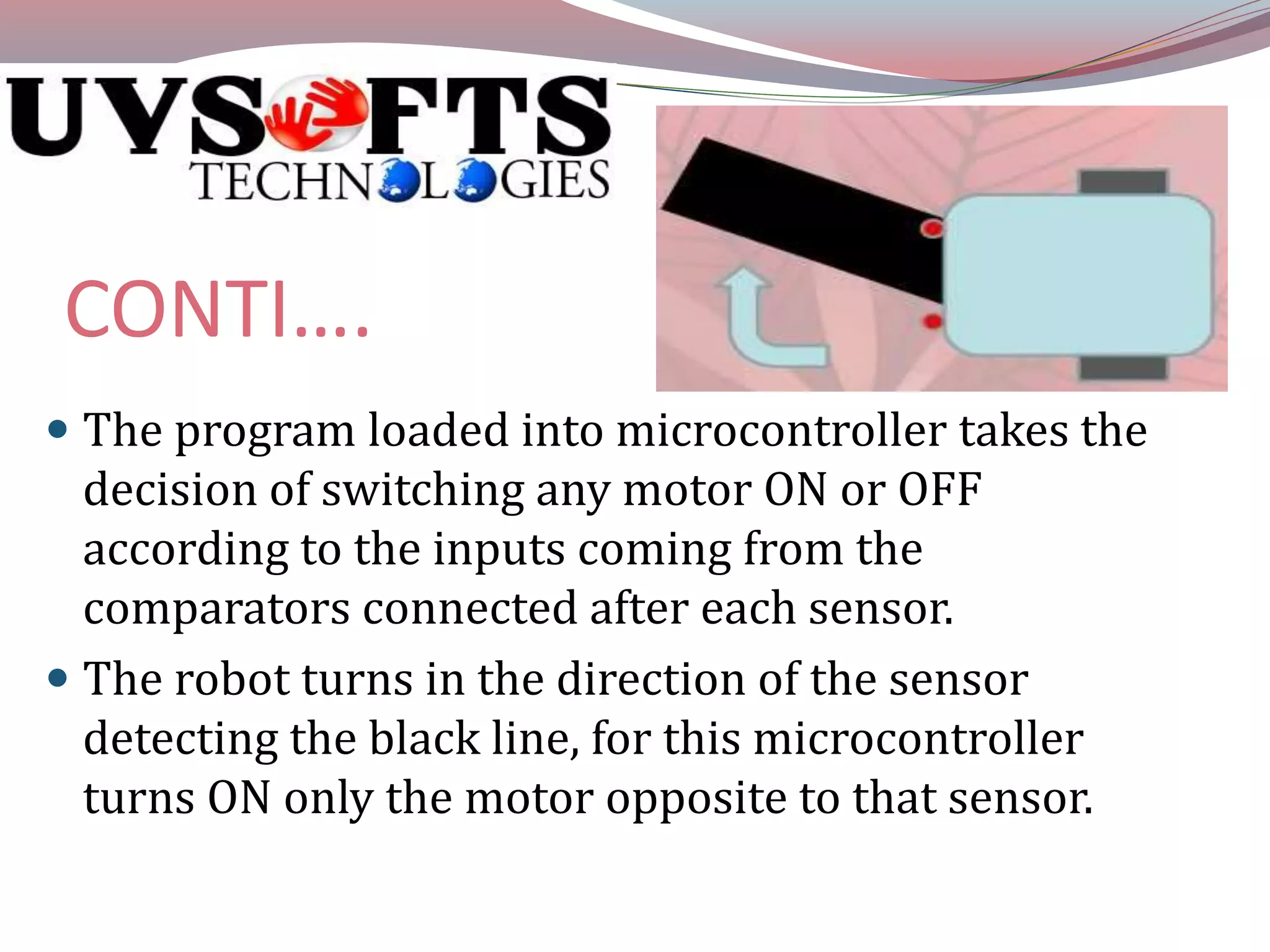 CONTI…. 
 The program loaded into microcontroller takes the 
decision of switching any motor ON or OFF 
according to the inputs coming from the 
comparators connected after each sensor. 
 The robot turns in the direction of the sensor 
detecting the black line, for this microcontroller 
turns ON only the motor opposite to that sensor. 
 