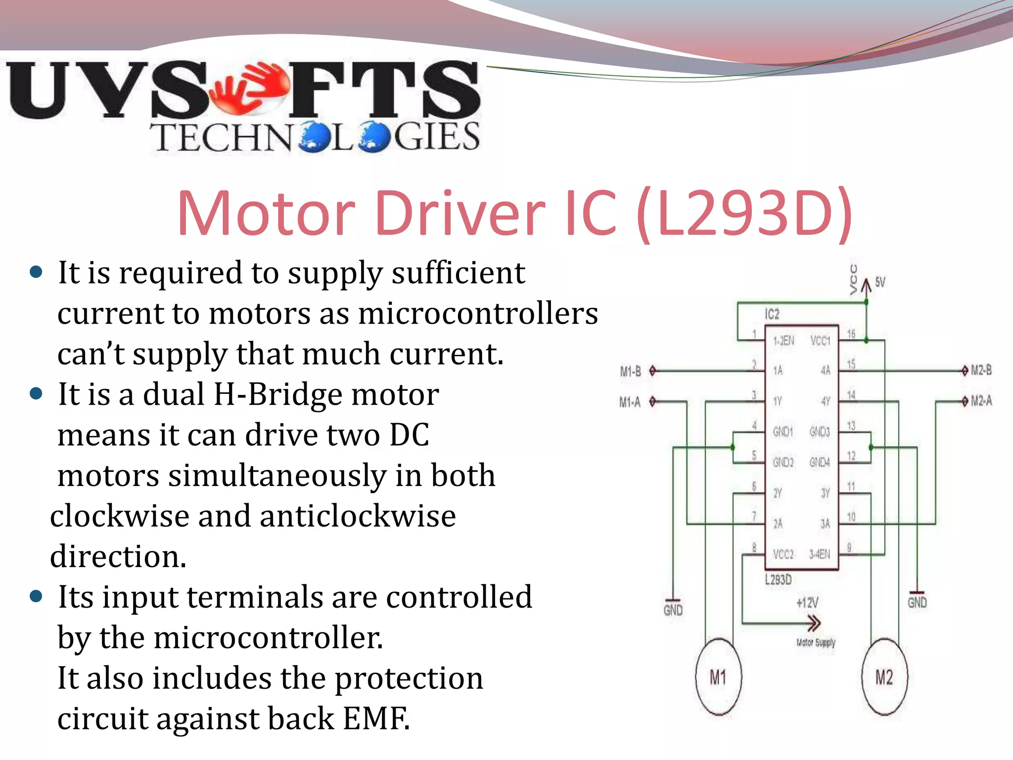 Motor Driver IC (L293D) 
 It is required to supply sufficient 
current to motors as microcontrollers 
can’t supply that much current. 
 It is a dual H-Bridge motor 
means it can drive two DC 
motors simultaneously in both 
clockwise and anticlockwise 
direction. 
 Its input terminals are controlled 
by the microcontroller. 
It also includes the protection 
circuit against back EMF. 
 