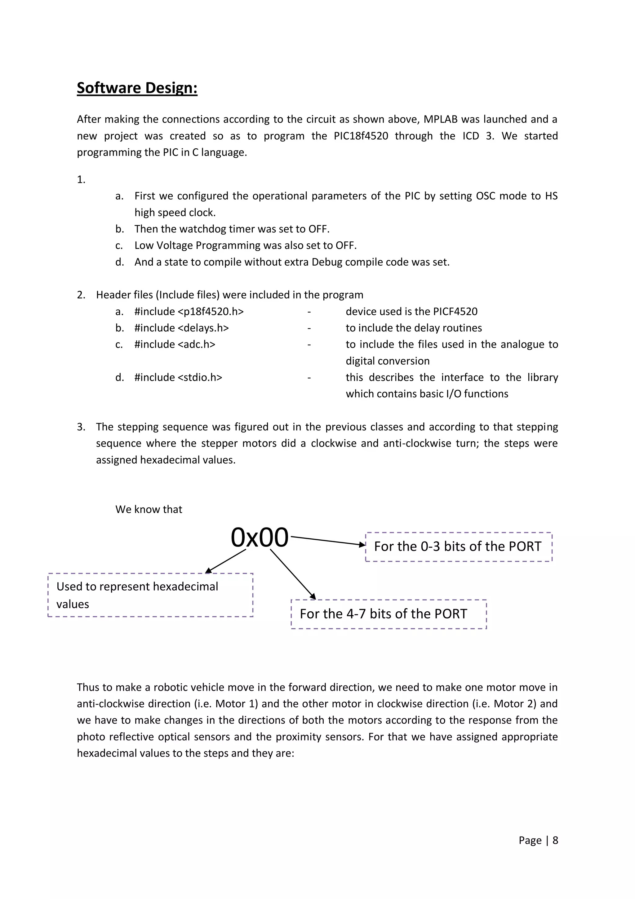 Software Design:
   After making the connections according to the circuit as shown above, MPLAB was launched and a
   new project was created so as to program the PIC18f4520 through the ICD 3. We started
   programming the PIC in C language.

   1.
           a. First we configured the operational parameters of the PIC by setting OSC mode to HS
              high speed clock.
           b. Then the watchdog timer was set to OFF.
           c. Low Voltage Programming was also set to OFF.
           d. And a state to compile without extra Debug compile code was set.

   2. Header files (Include files) were included in the program
         a. #include <p18f4520.h>                    -      device used is the PICF4520
         b. #include <delays.h>                      -      to include the delay routines
         c. #include <adc.h>                         -      to include the files used in the analogue to
                                                            digital conversion
         d. #include <stdio.h>                       -      this describes the interface to the library
                                                            which contains basic I/O functions

   3. The stepping sequence was figured out in the previous classes and according to that stepping
      sequence where the stepper motors did a clockwise and anti-clockwise turn; the steps were
      assigned hexadecimal values.



           We know that

                                   0x00                          For the 0-3 bits of the PORT

Used to represent hexadecimal
values
                                                 For the 4-7 bits of the PORT



   Thus to make a robotic vehicle move in the forward direction, we need to make one motor move in
   anti-clockwise direction (i.e. Motor 1) and the other motor in clockwise direction (i.e. Motor 2) and
   we have to make changes in the directions of both the motors according to the response from the
   photo reflective optical sensors and the proximity sensors. For that we have assigned appropriate
   hexadecimal values to the steps and they are:




                                                                                               Page | 8
 