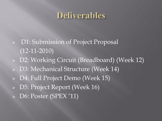    D1: Submission of Project Proposal
    (12-11-2010)
   D2: Working Circuit (Breadboard) (Week 12)
   D3: Mechanical Structure (Week 14)
   D4: Full Project Demo (Week 15)
   D5: Project Report (Week 16)
   D6: Poster (SPEX ‘11)
 
