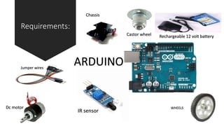 Requirements:
Jumper wires
Dc motor
IR sensor
ARDUINO
WHEELS
Rechargeable 12 volt batteryCastor wheel
Chassis
 